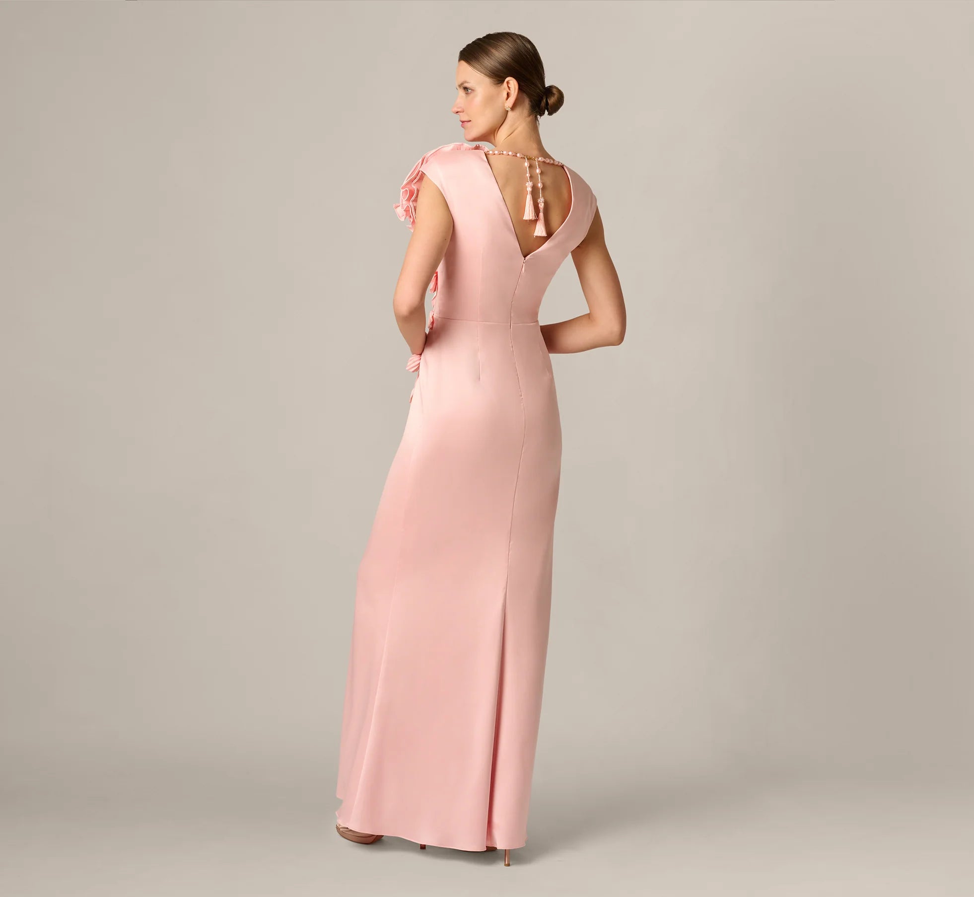 Stretch Mikado Rosette Shoulder Gown In Pink Cloud