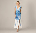 Chiffon Floral Vine Border Print Gown In Ivory Blue