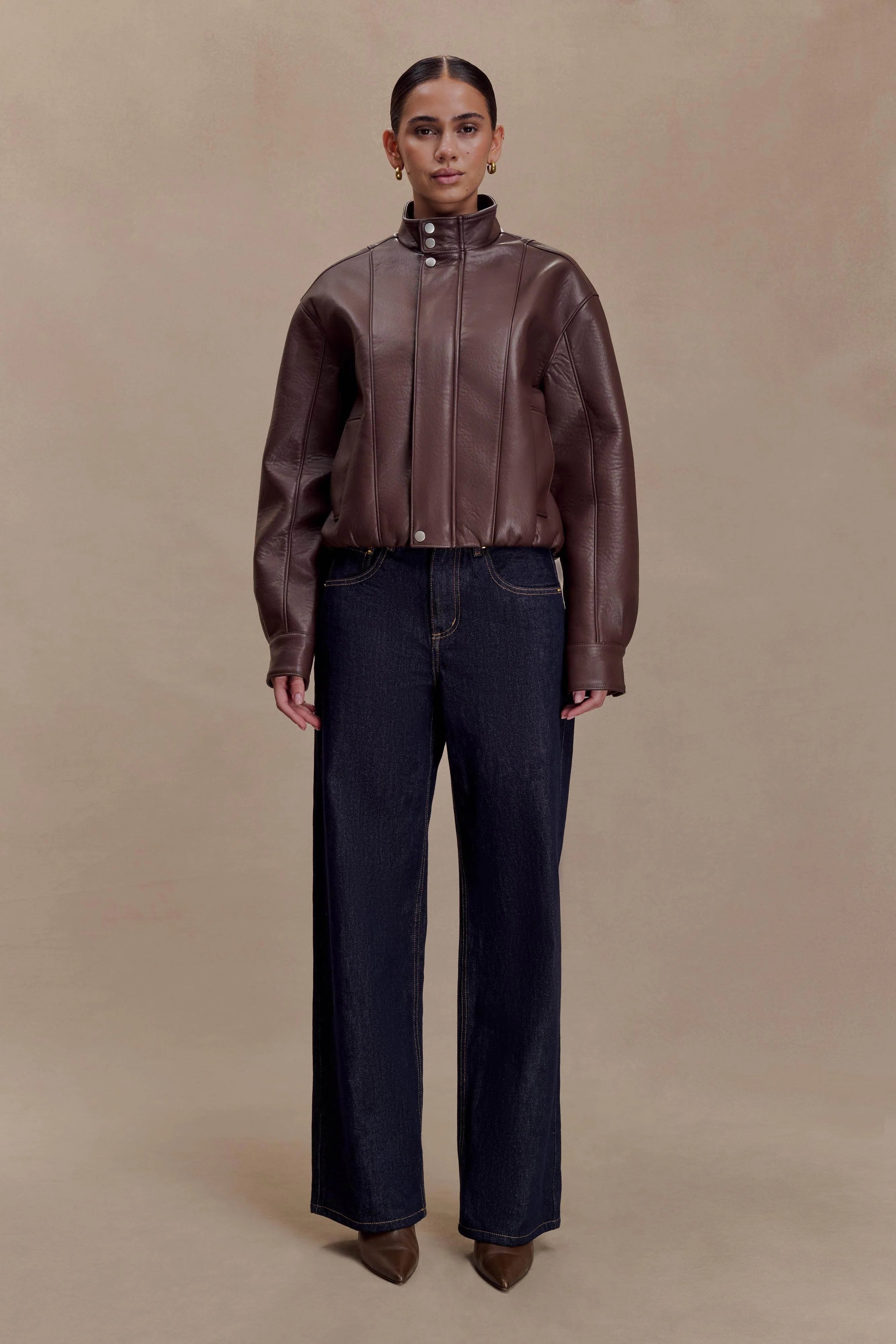 Curtis Faux Leather Bomber Jacket - Dark Chocolate