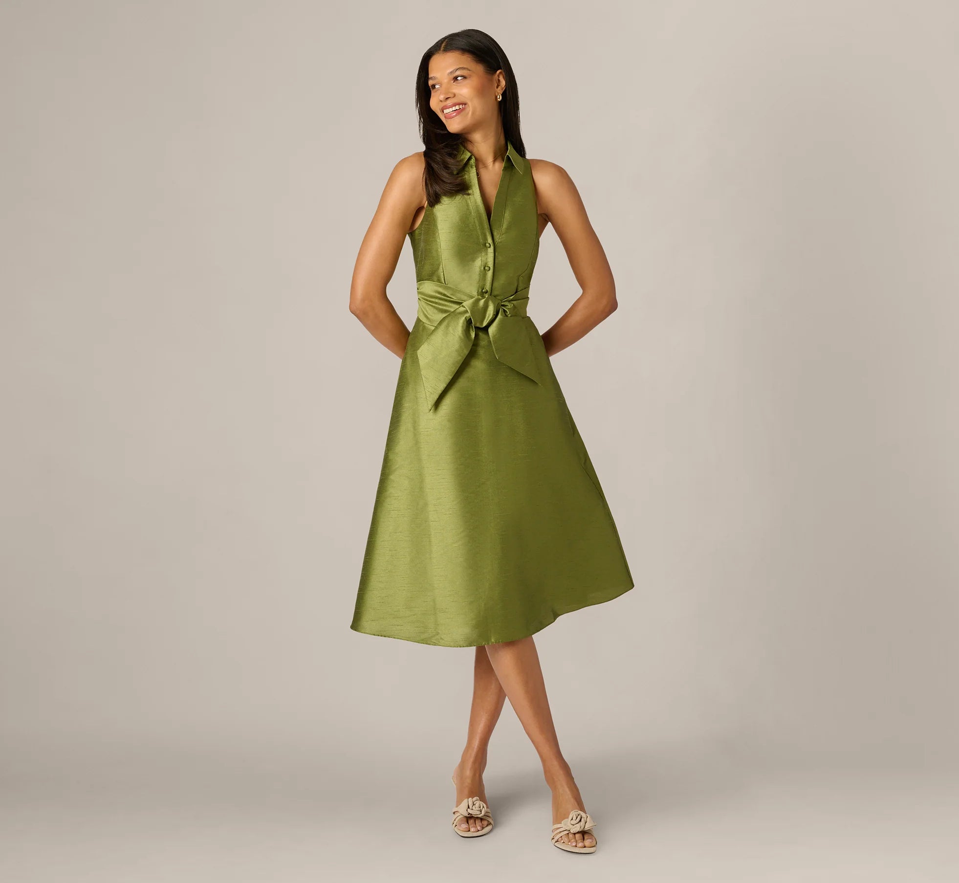 Dupioni Collared Tie Front A Line Midi Dress In Olive