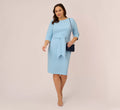 Plus Size Knit Crepe Bow Sheath Dress With Three Quarter Sleeves In Blue Mist