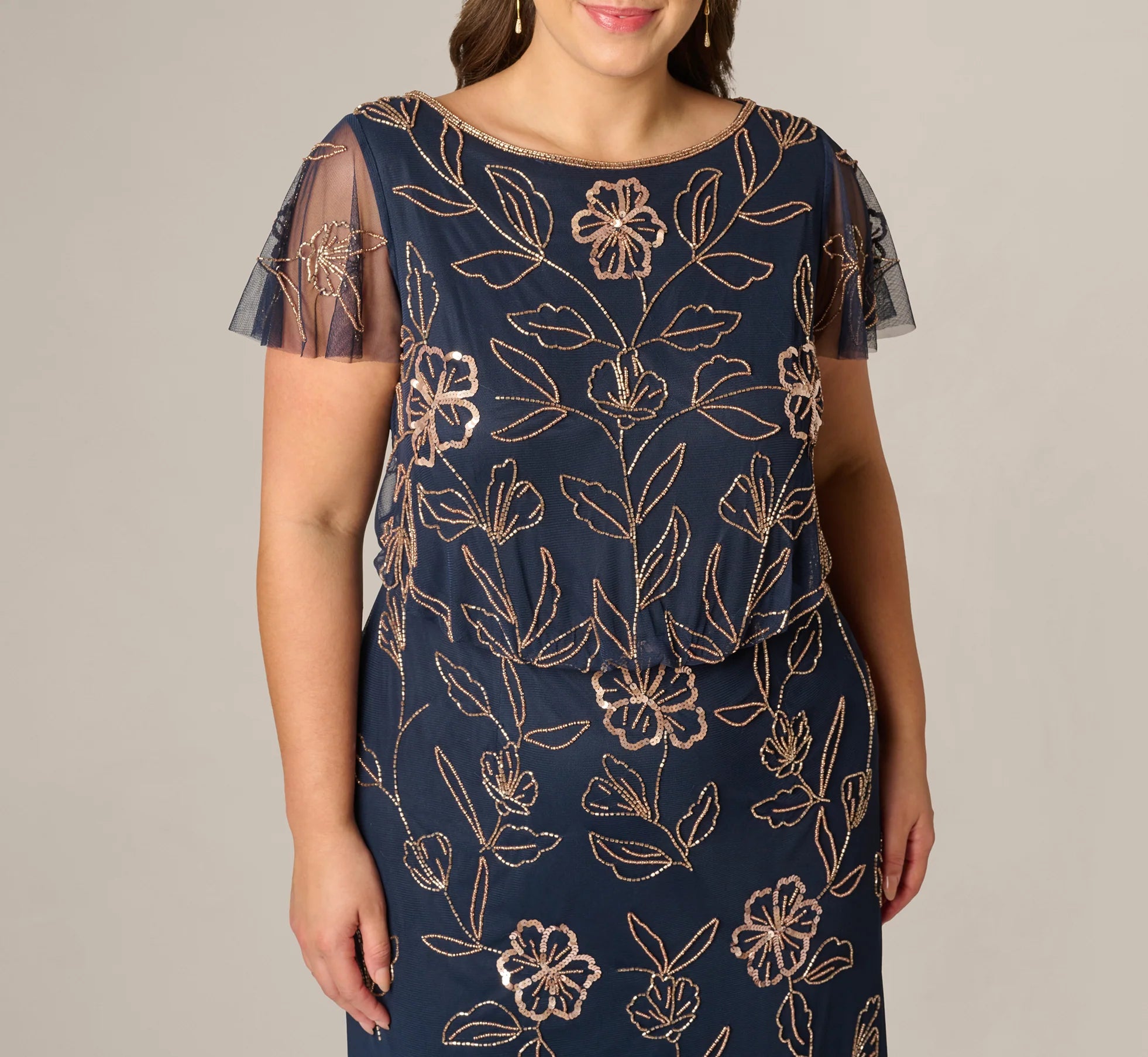 Plus Size Flutter Sleeve Floral Beaded Blouson Gown In Navy Rosegold
