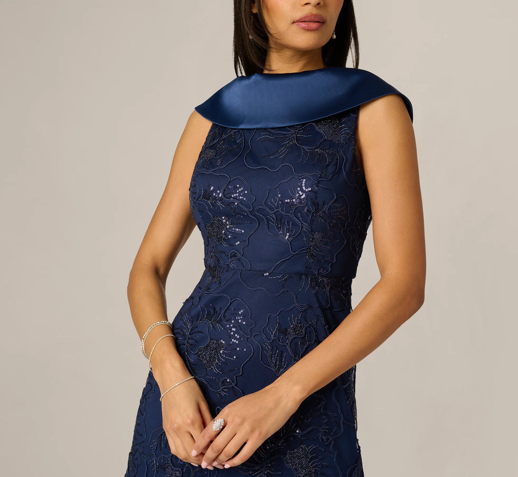 Floral Embroidered Satin Roll Collar Gown In Midnight