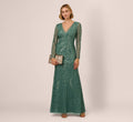 Long Sleeve Beaded Full Length Dress In Green Slate