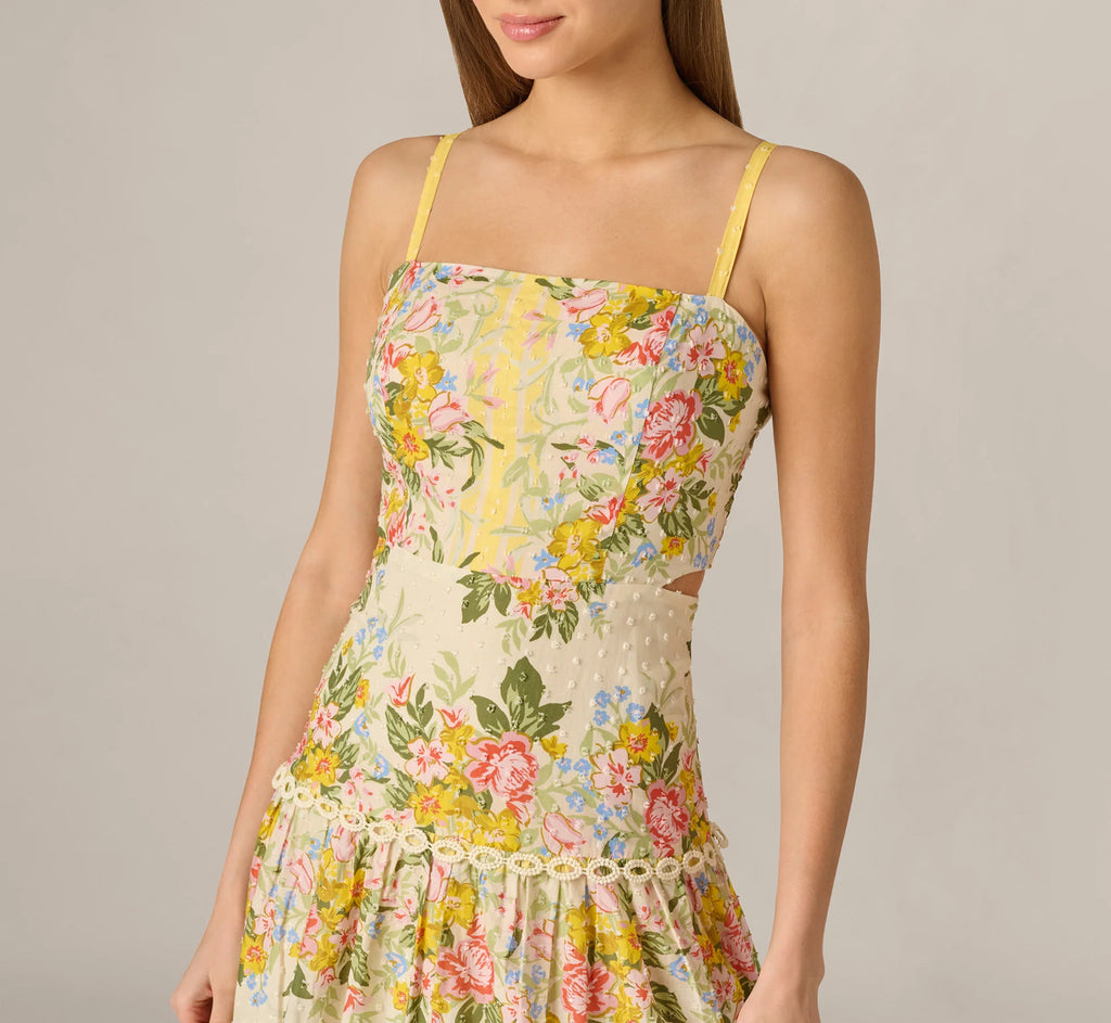 Cotton Vintage Floral Midi Sundress In Pale Yellow
