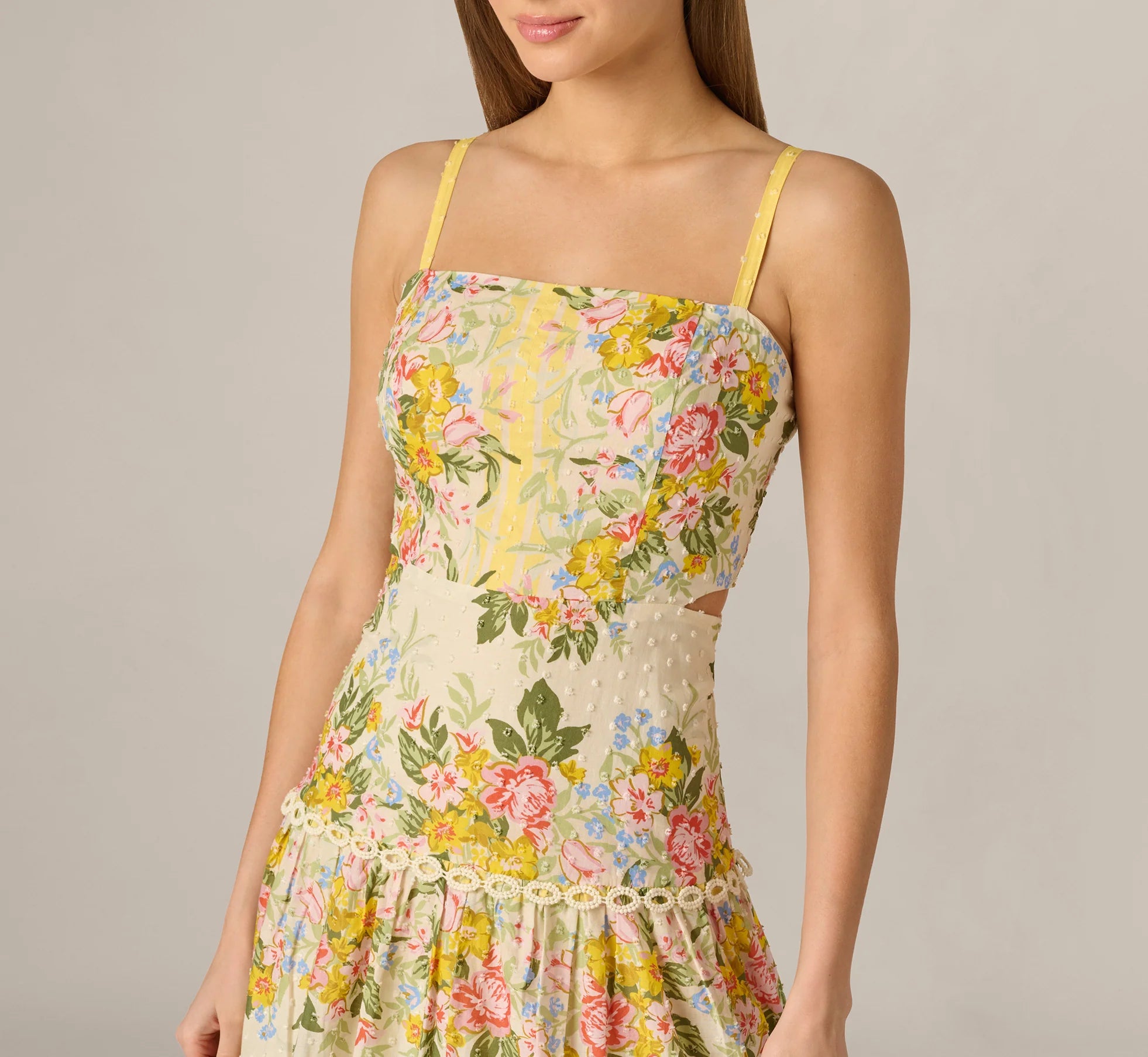 Cotton Vintage Floral Midi Sundress In Pale Yellow