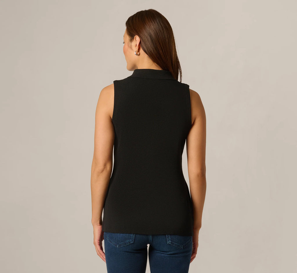 Abstract Button Front Knit Vest Top In Black