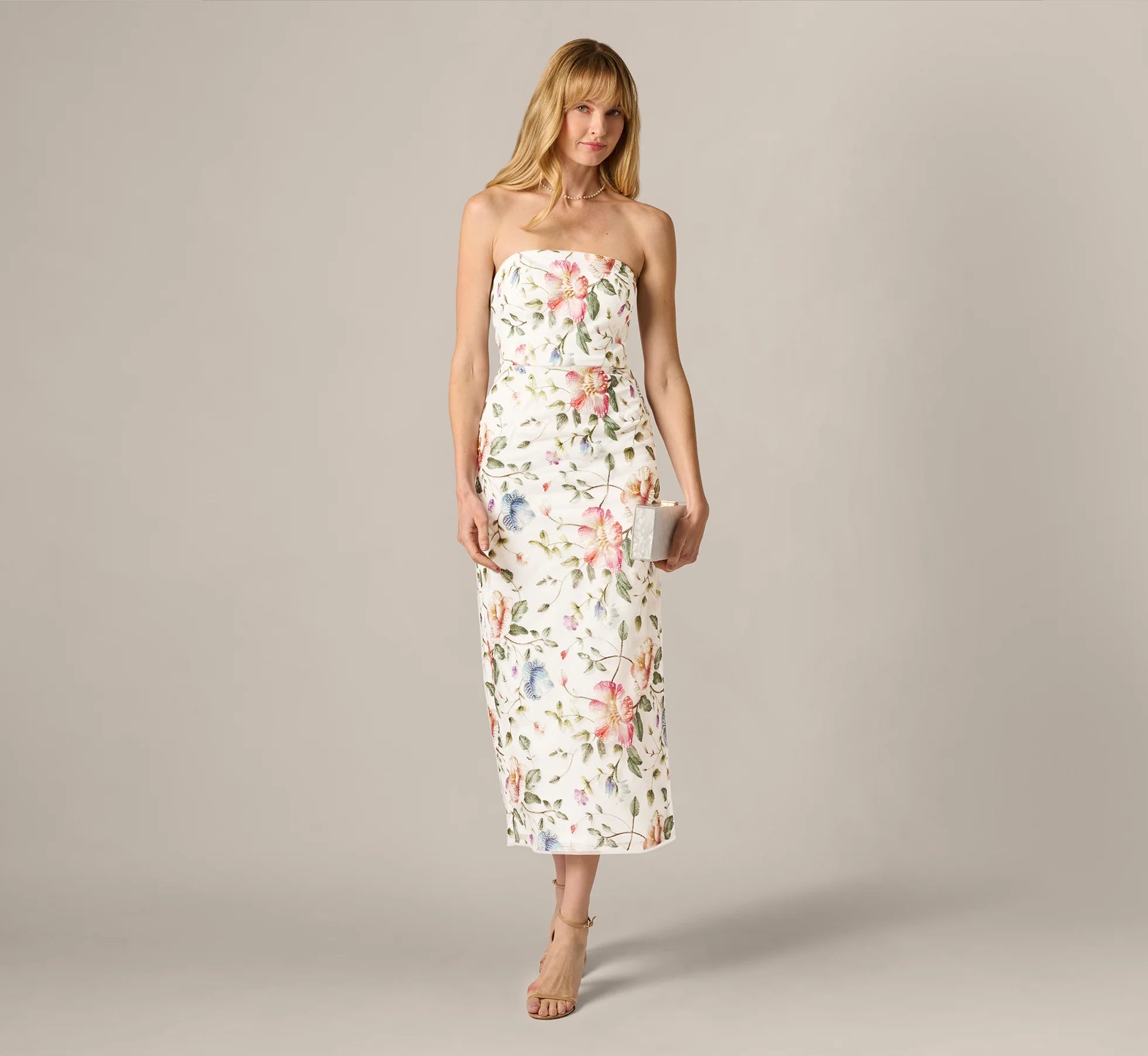 Strapless Floral Beaded Embroidery Midi Dress In Ivory Multi