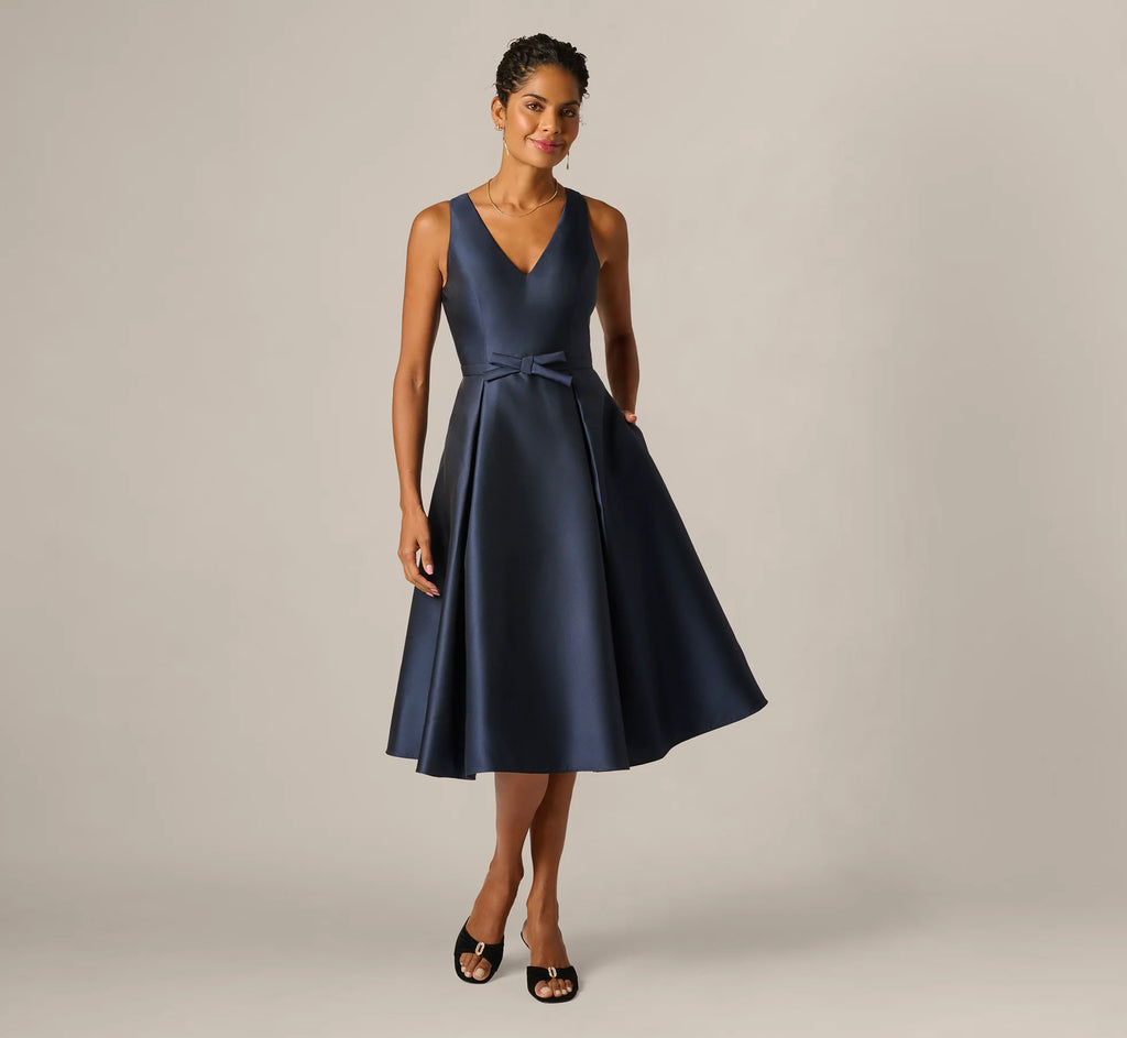 Mikado Bow Waist Fit And Flare Midi Dress In Midnight