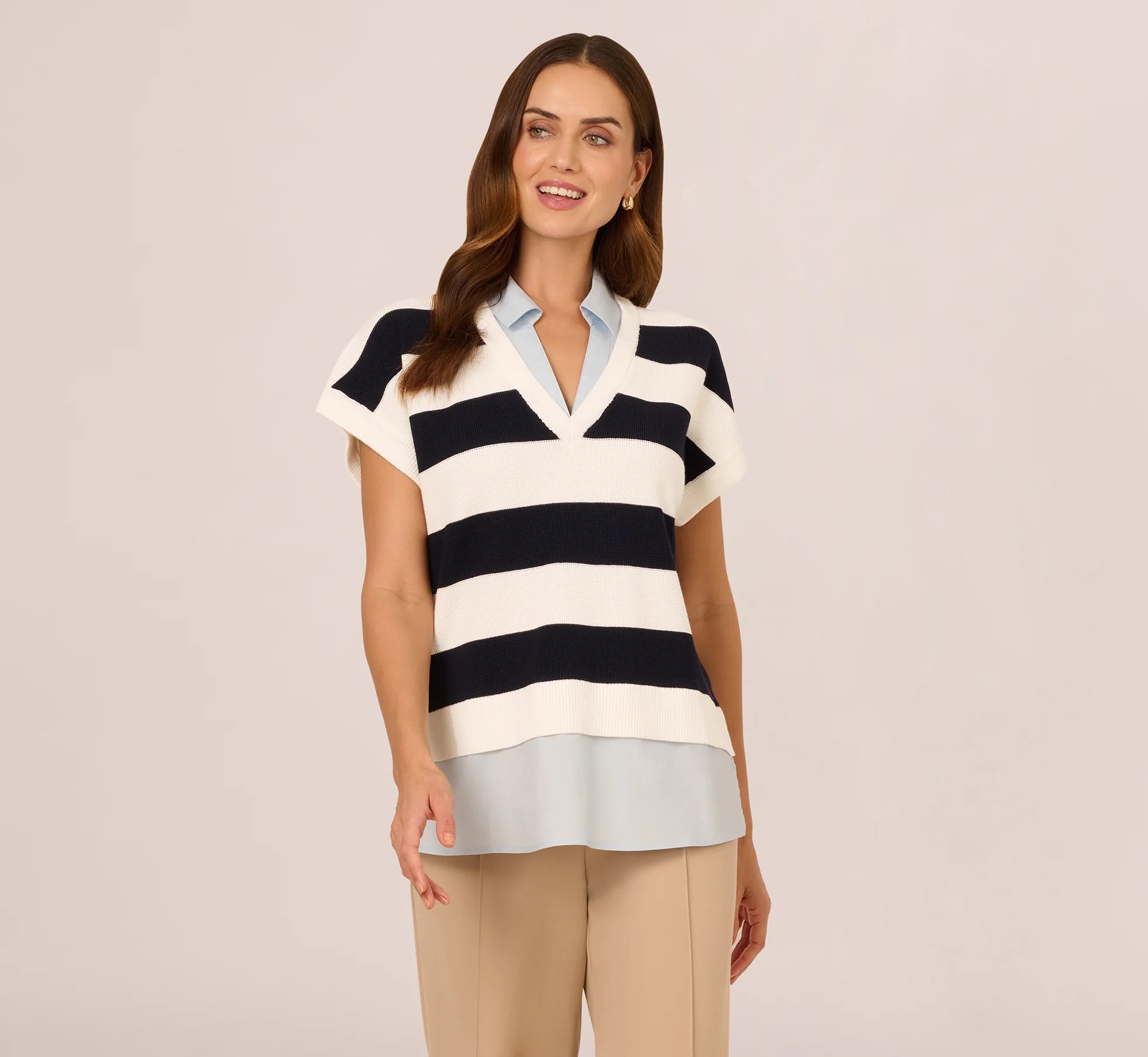 Striped Sweater Vest Cap Sleeve Collared Twofer Shirt In Navy Ivory Stripe W  Chambray