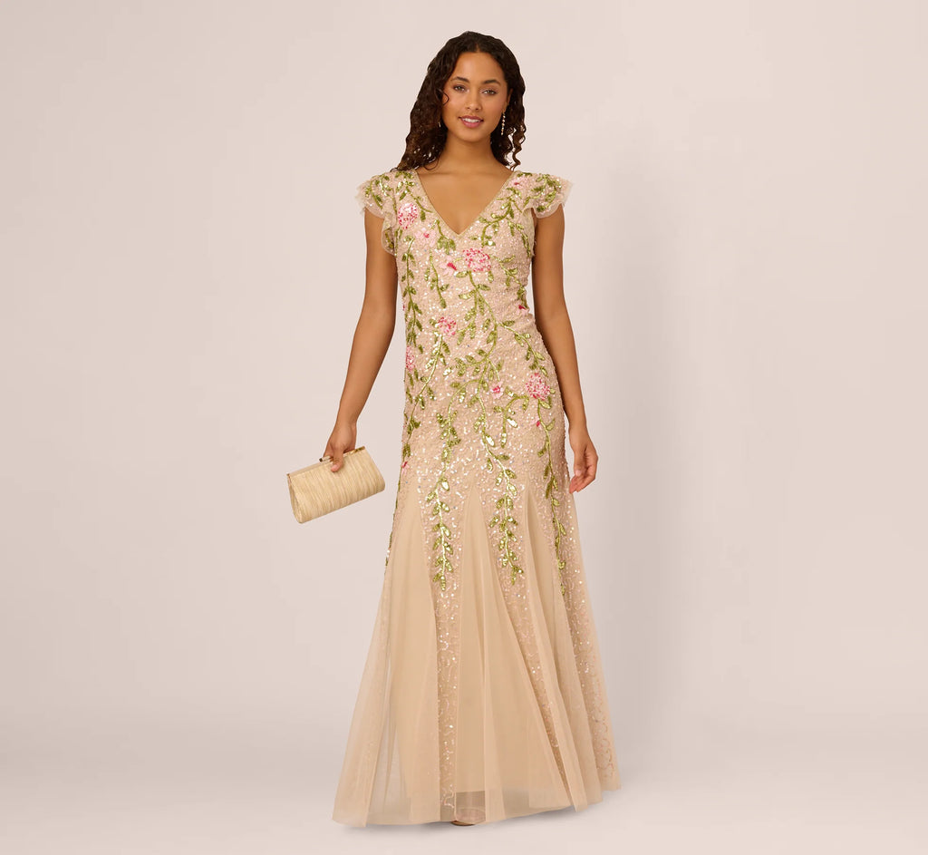 Floral Beaded Mermaid Gown With Flutter Cap Sleeves In Light Champagne