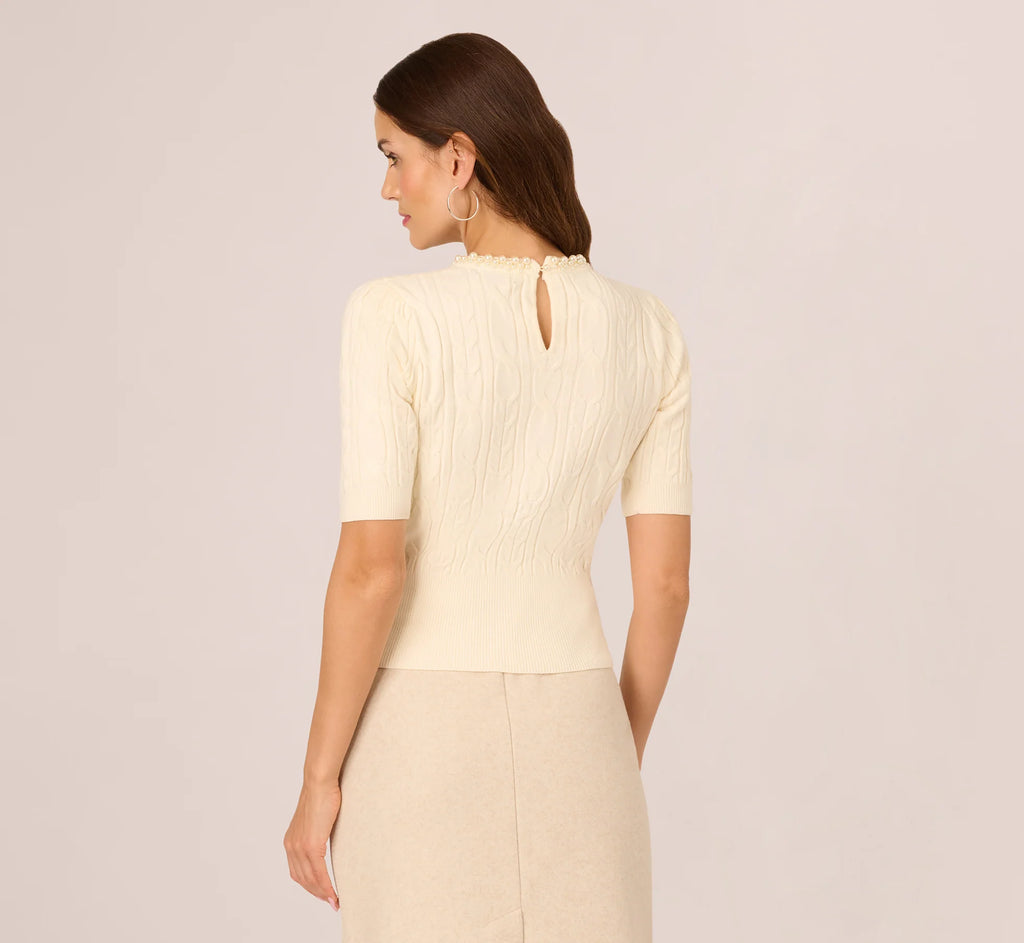 Short Sleeve Pearly Collar Sweater In Sugar Cream