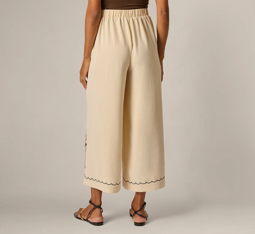 Floral Embroidery Wide Leg Pant In Pale Oak