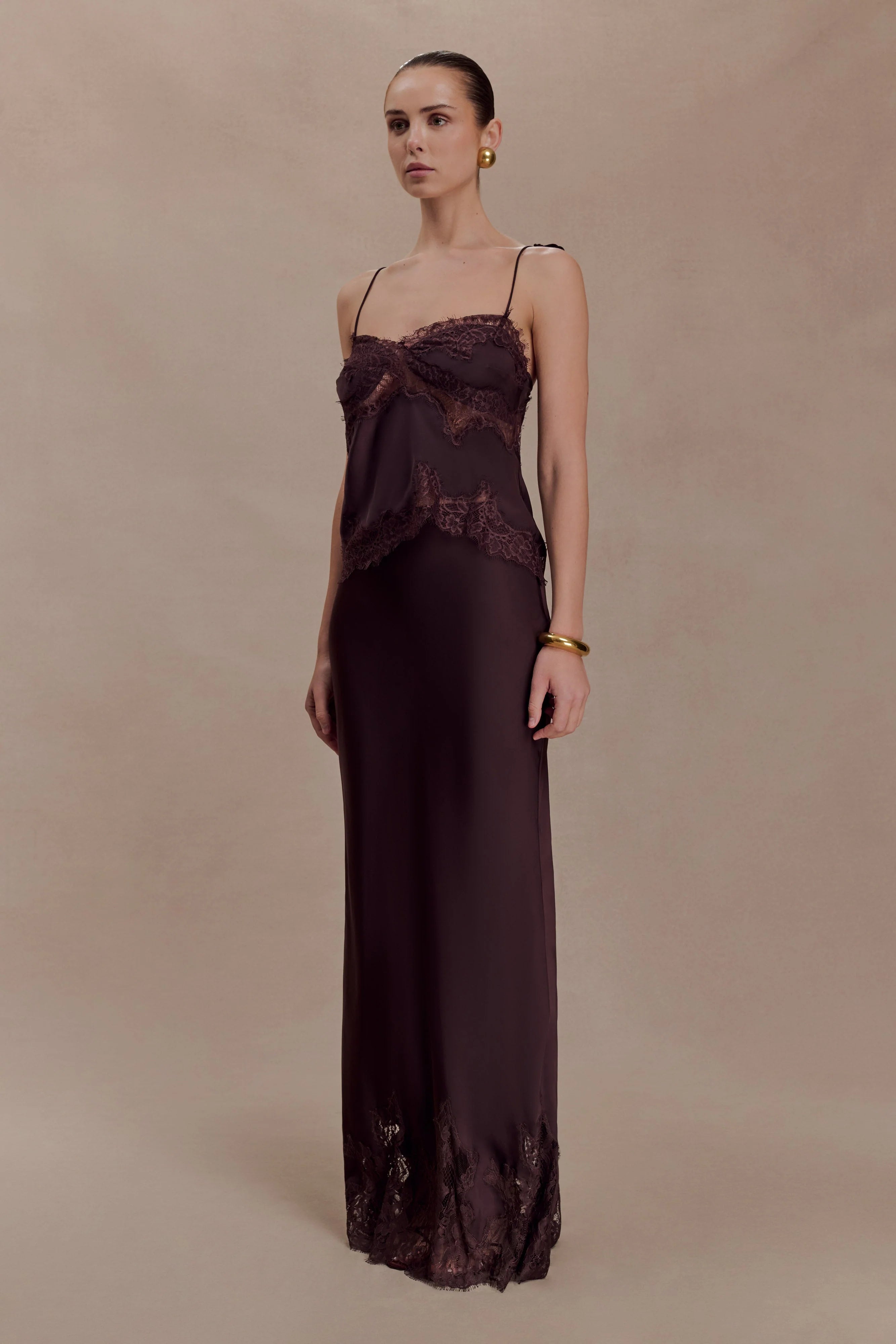 Nina Satin And Lace Maxi Skirt - Chocolate