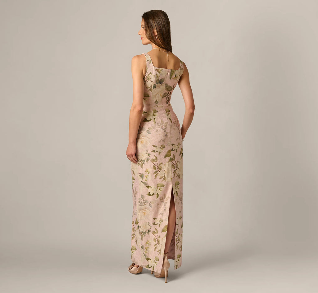 Beaded Square Neck Floral Jacquard Gown In Blush Multi