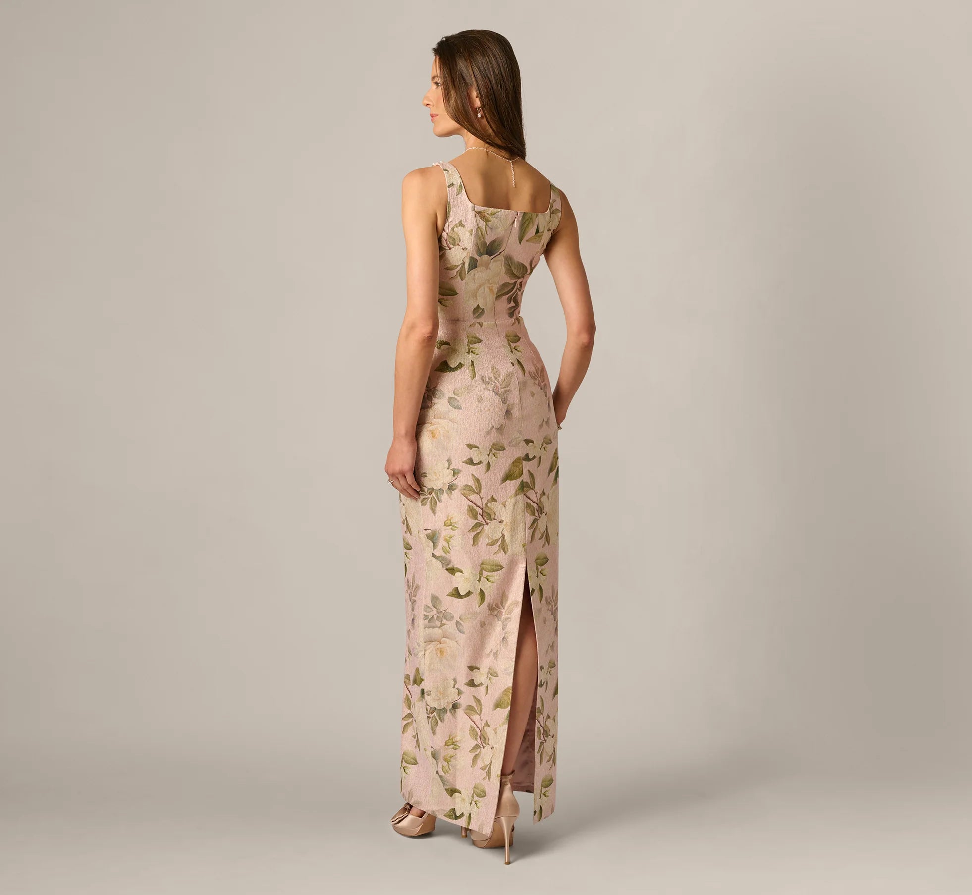 Beaded Square Neck Floral Jacquard Gown In Blush Multi