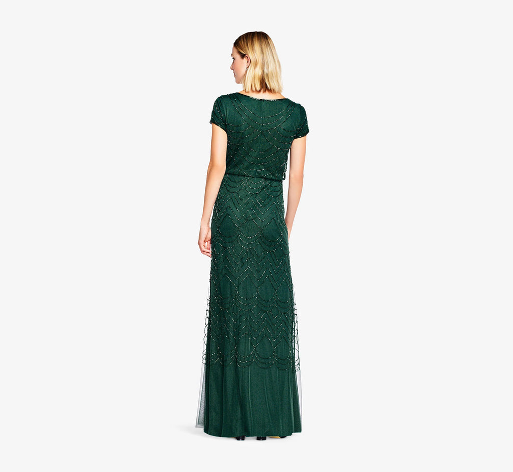 Short Sleeve Beaded Blouson Gown In Dusty Emerald