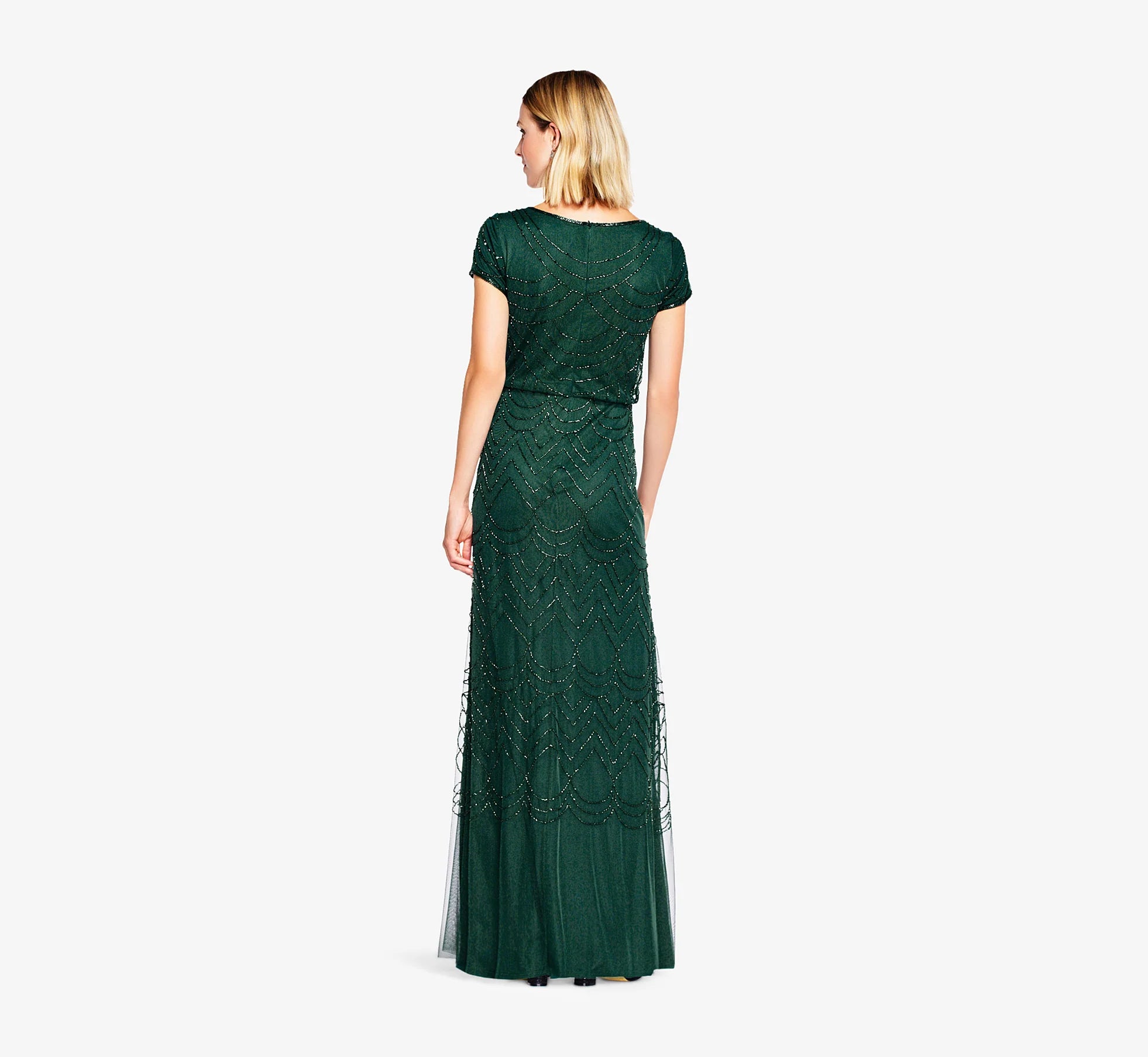 Short Sleeve Beaded Blouson Gown In Dusty Emerald