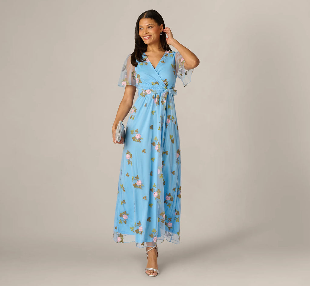 Floral Embroidered Maxi Dress With Sheer Flutter Sleeves In Light Blue Multi