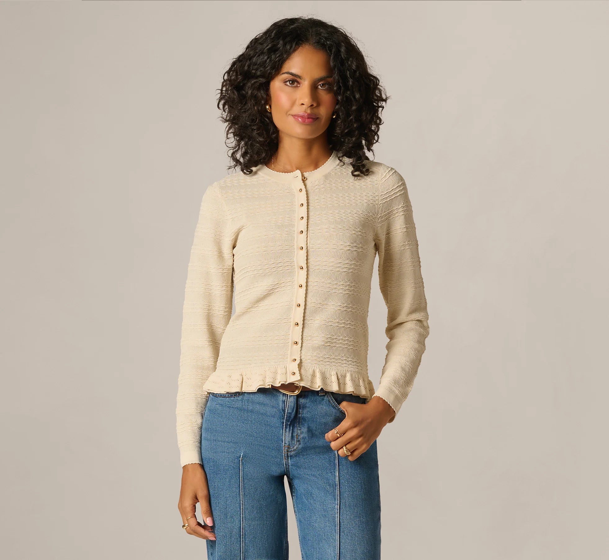 Ruffle Hem Cable Knit Cardigan Sweater In Cream