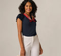 Pleated Cap Sleeve Knit Top In Blue Moon