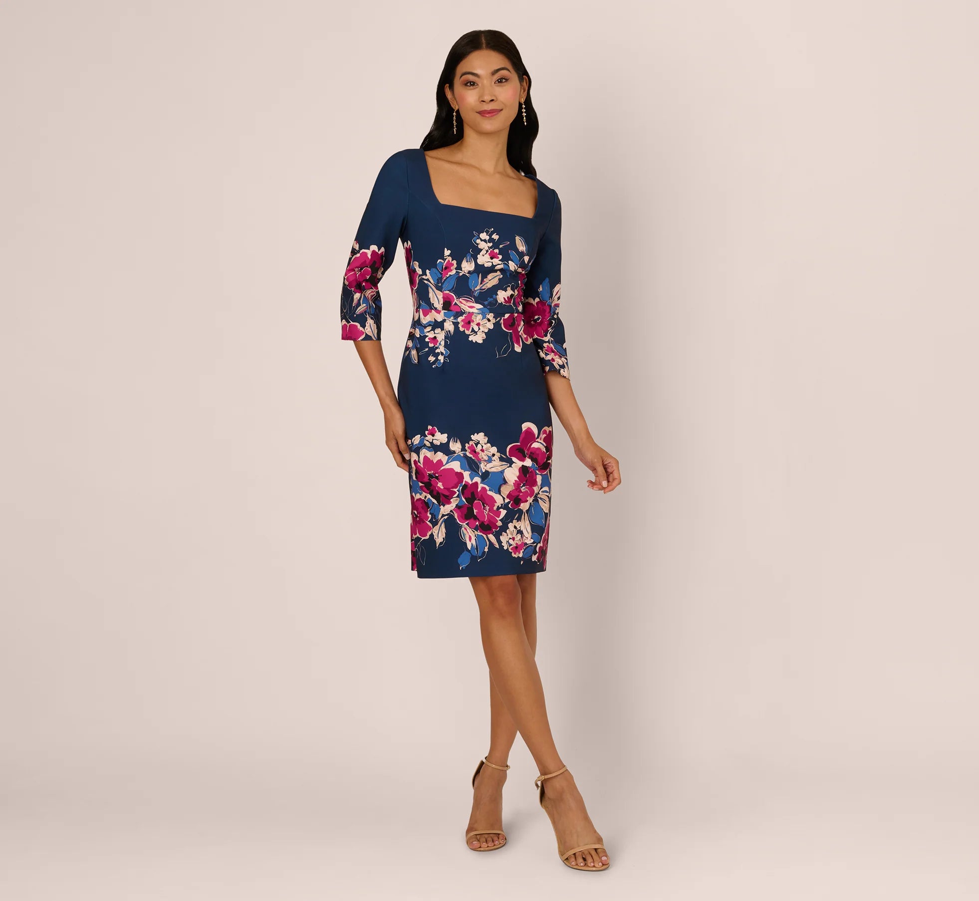 Three Quarter Sleeve Floral Sheath Dress In Navy Pink Multi