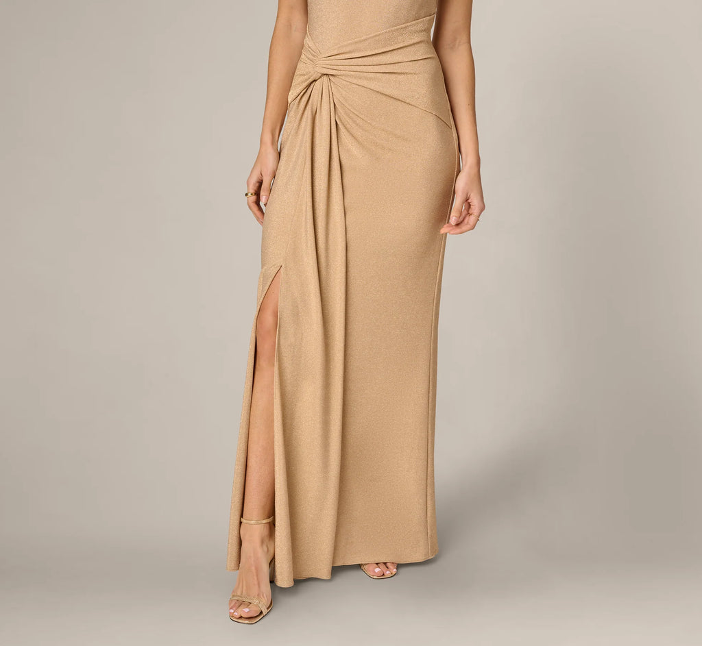 Metallic Stretch Knit Draped Gown In Light Gold
