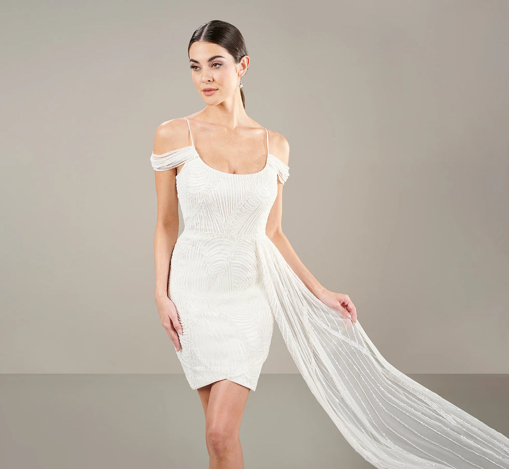 All Over Beaded Short Sheath In Ivory
