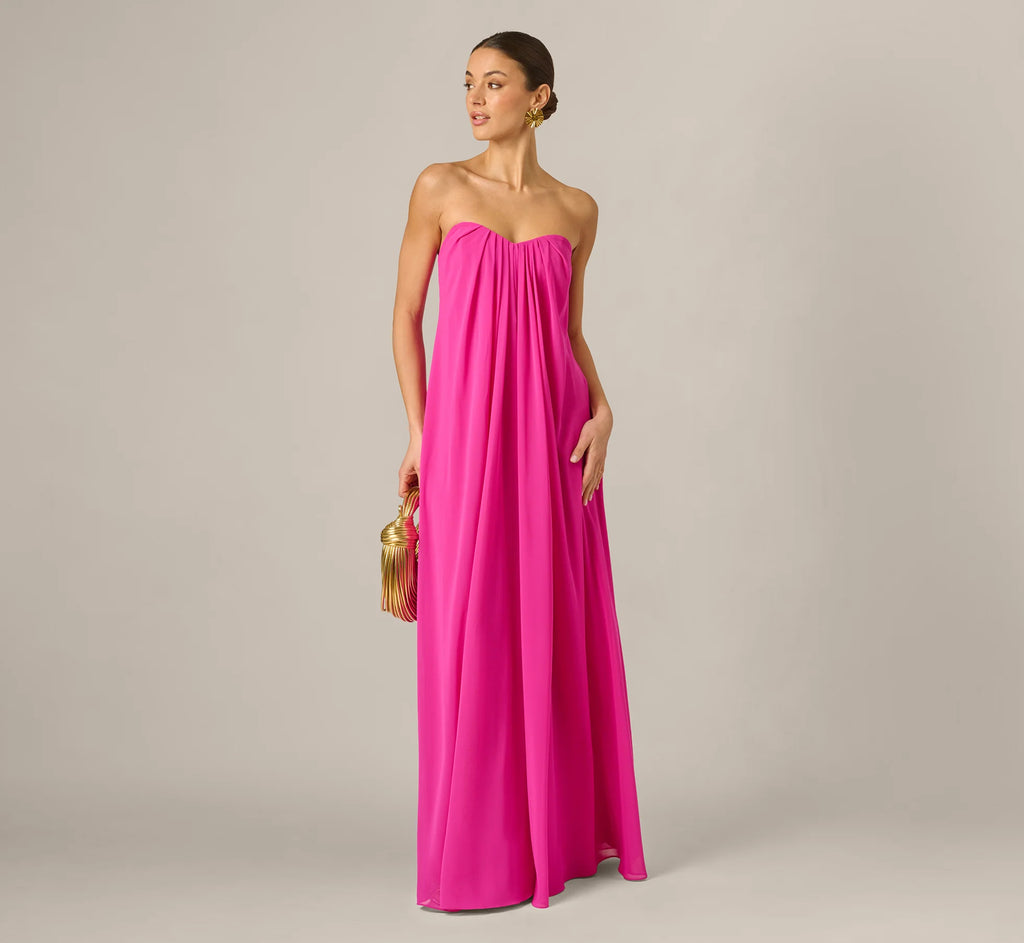 Strapless Chiffon Trapeze Gown In Pink Flame