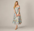 Off Shoulder Watercolor Floral Jacquard Ankle Dress In Blue Multi