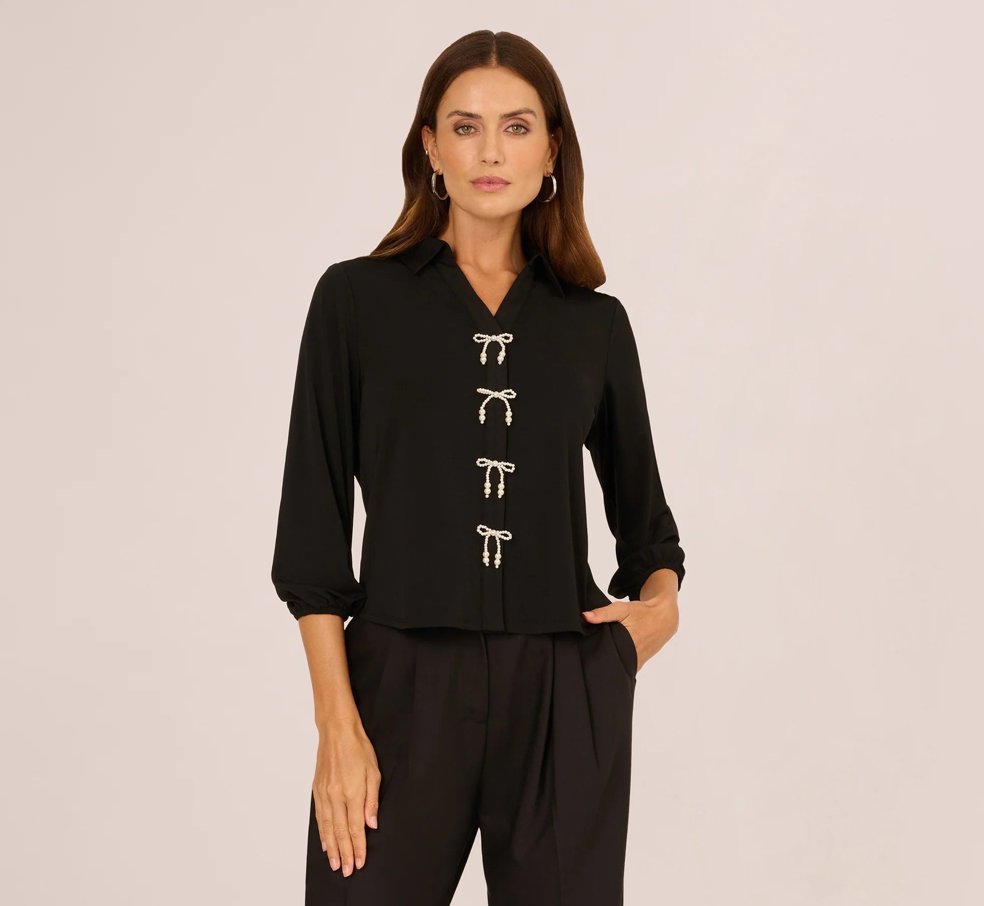 Three Quarter Sleeve Pearly Bow Blouse In Black