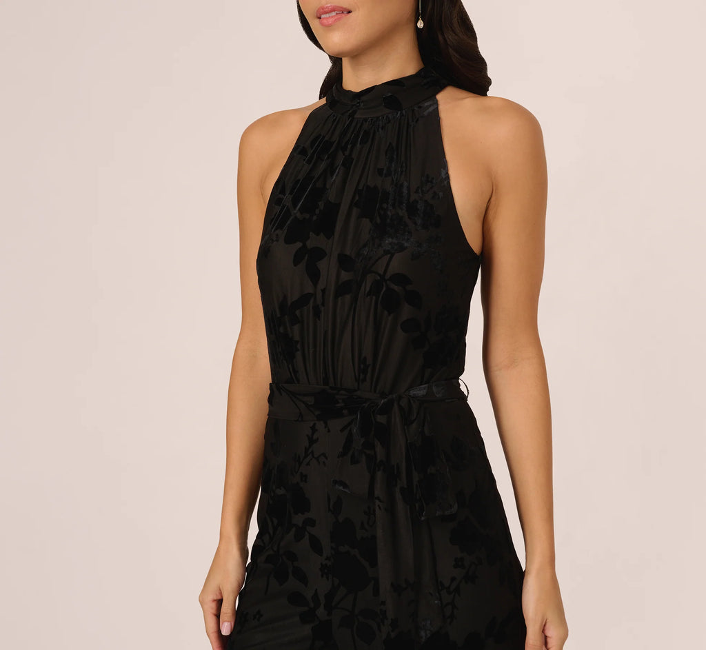 Sleeveless Floral Burnout Velvet Jumpsuit In Black