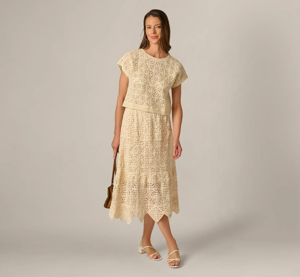 Short Sleeve Open Crochet Top In Cream