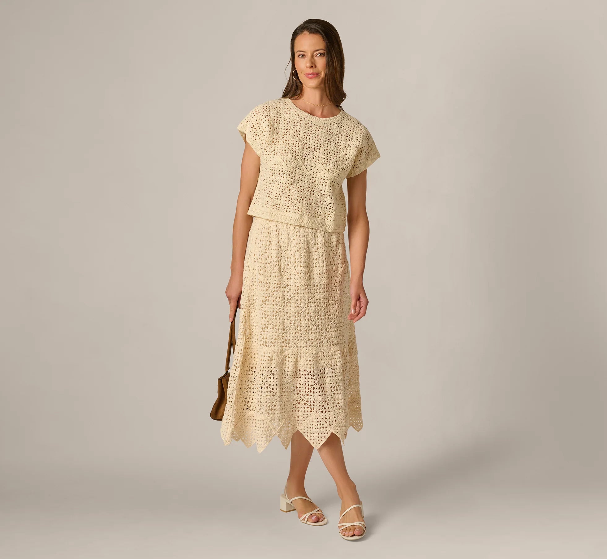 Short Sleeve Open Crochet Top In Cream