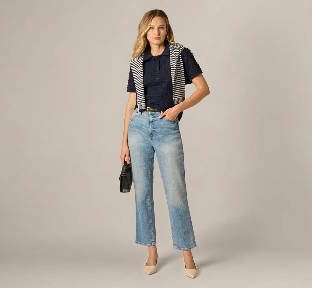 Short Sleeve Open Pointelle Polo Top In Blue Moon