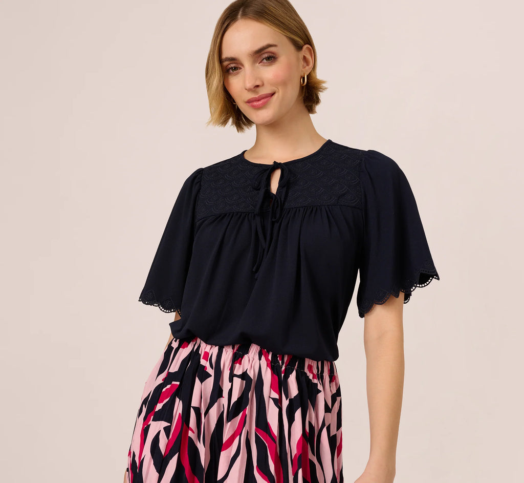 Short Sleeve Neck Tie Embroidered Yoke Top In Blue Moon