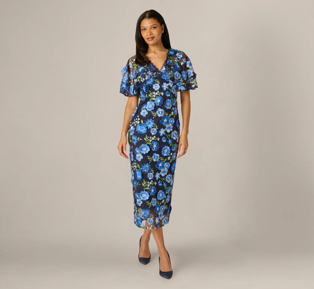Cape Sleeve Floral Embroidered Midi Dress In Blue Multi