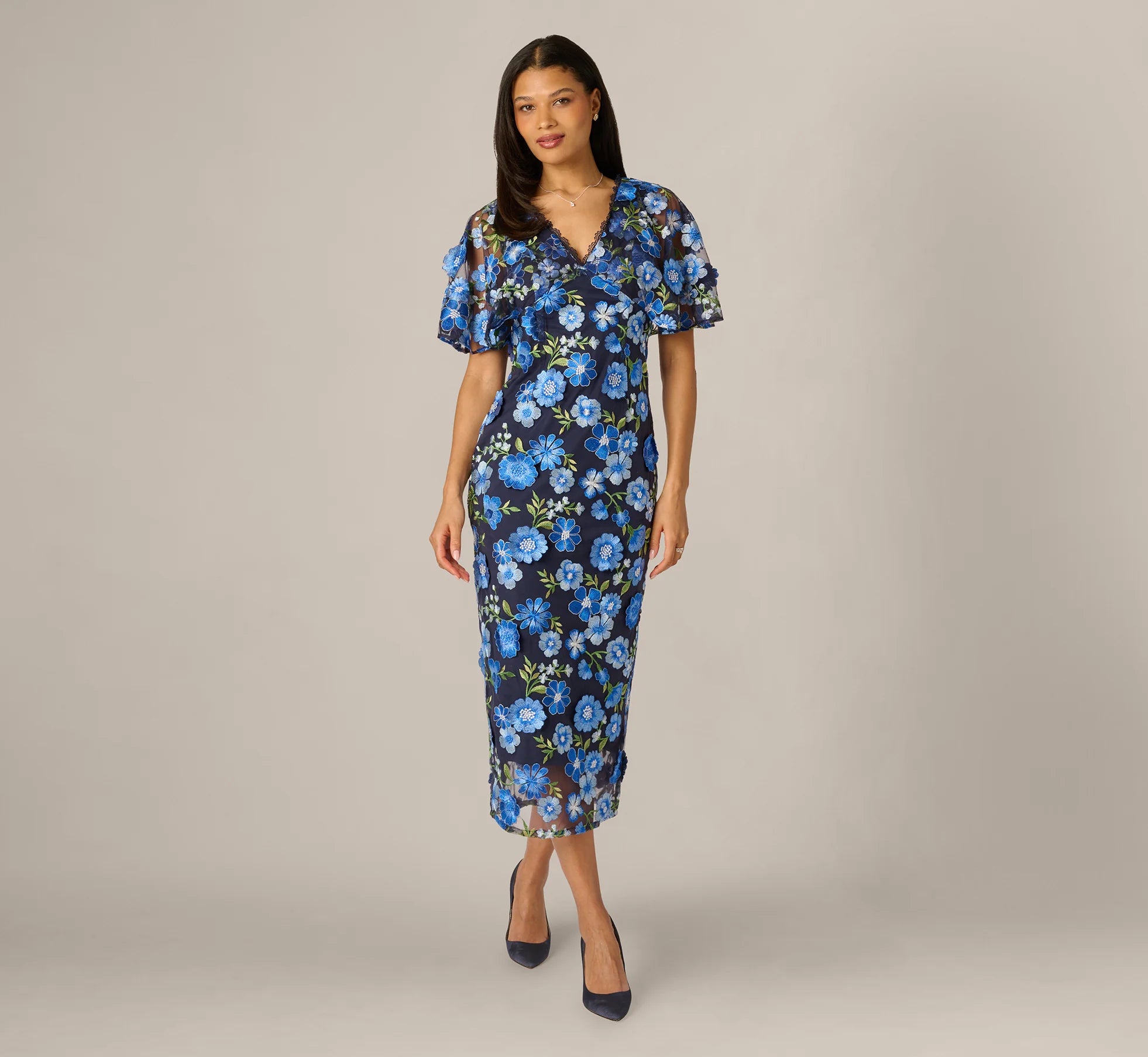 Cape Sleeve Floral Embroidered Midi Dress In Blue Multi