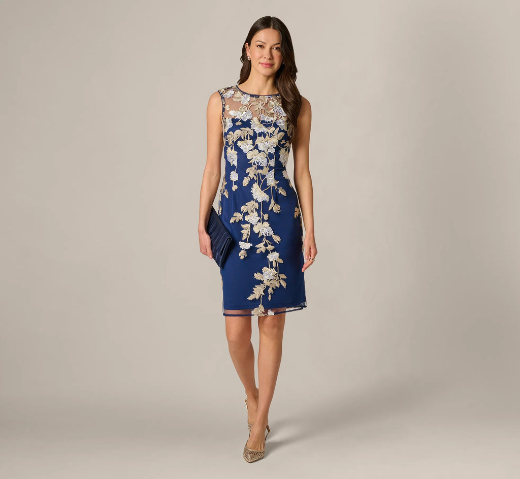 Sleeveless Illusion Floral Embroidery Sheath Dress In Navy Ecru