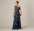 One Shoulder Floral Garden Beaded Gown In Navy Multi