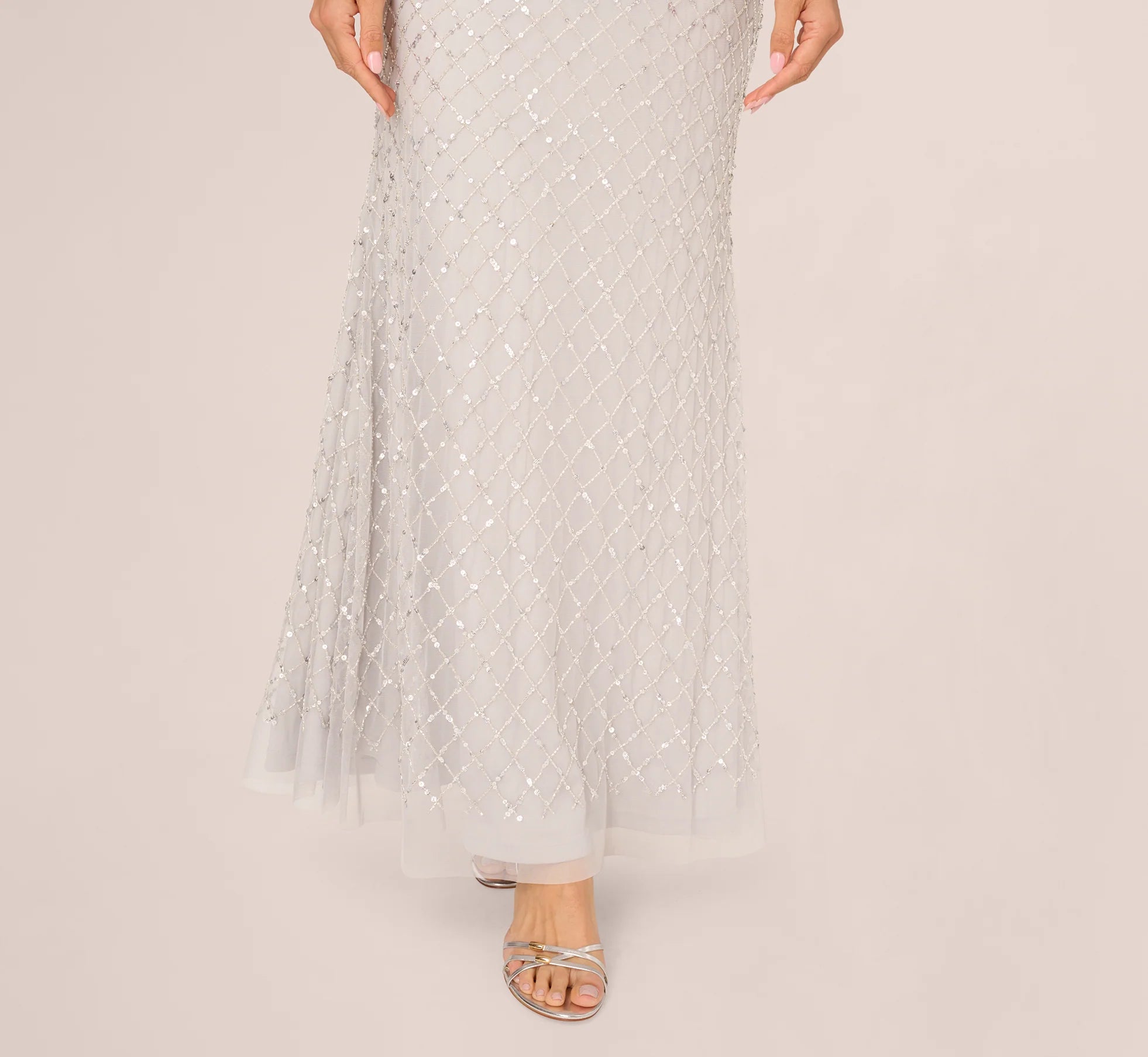 Short Sleeve Diamond Beaded Cowl Gown In Crystal Silver