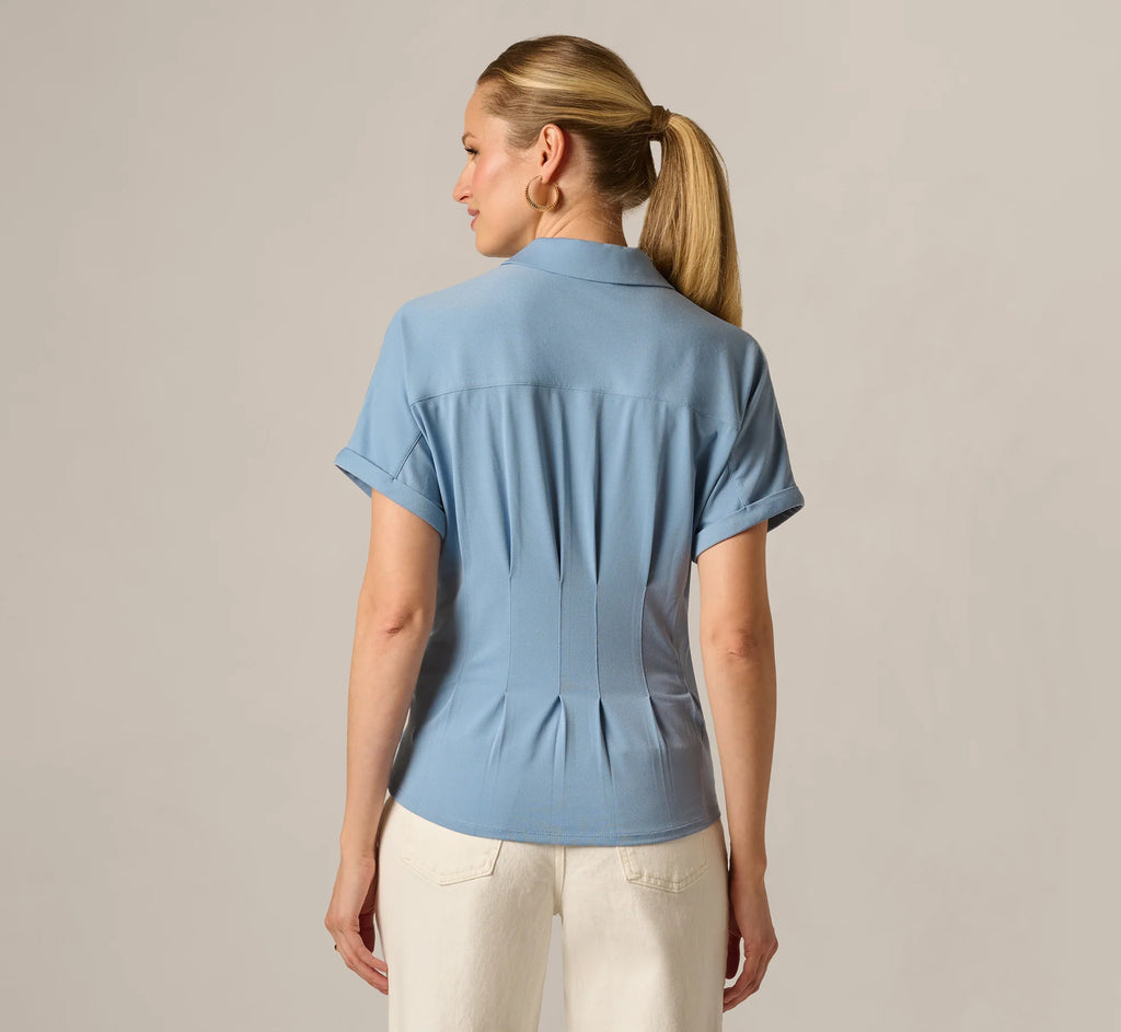 Short Sleeve Pleated Waist Blouse In Rain Washed