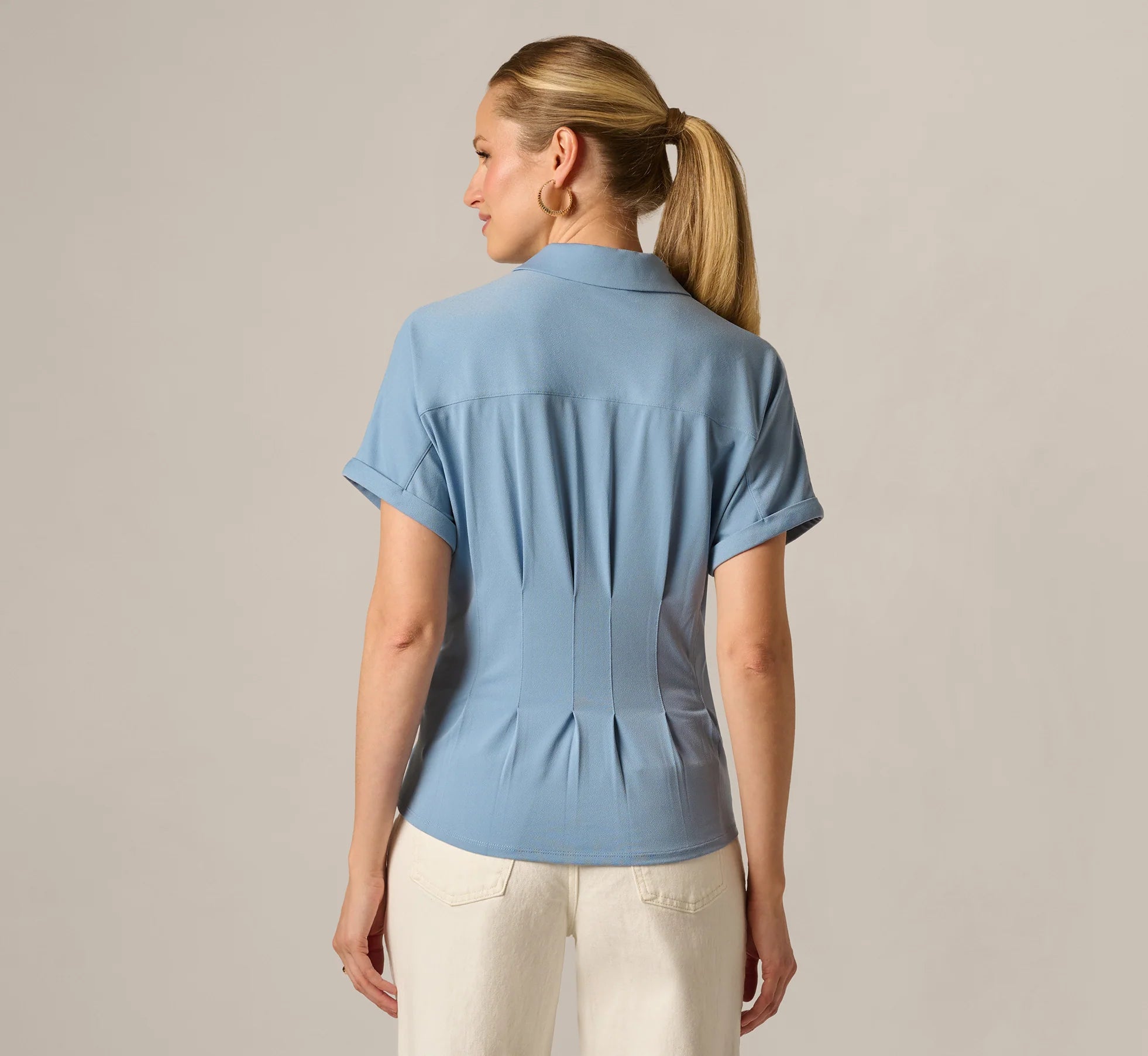 Short Sleeve Pleated Waist Blouse In Rain Washed