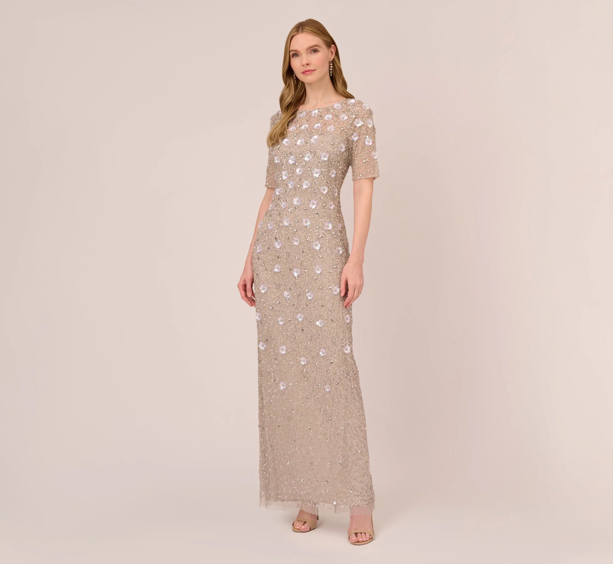 Long Hand Beaded 3D Floral Dress With Elbow Sleeves In Marble