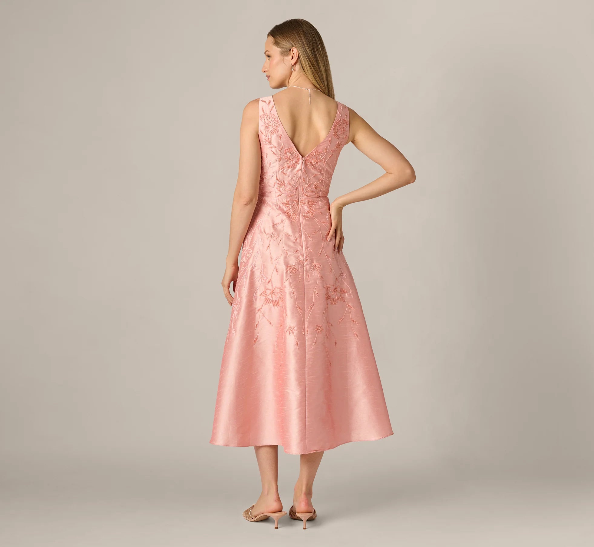 Floral Embroidered Dupioni A Line Midi Dress In Light Pink