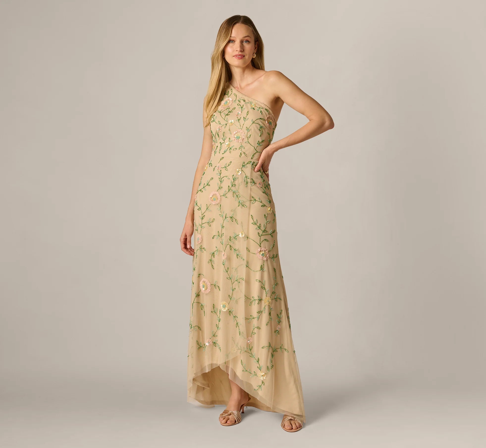 One Shoulder Floral Vine Beaded High Low Gown In Light Champagne