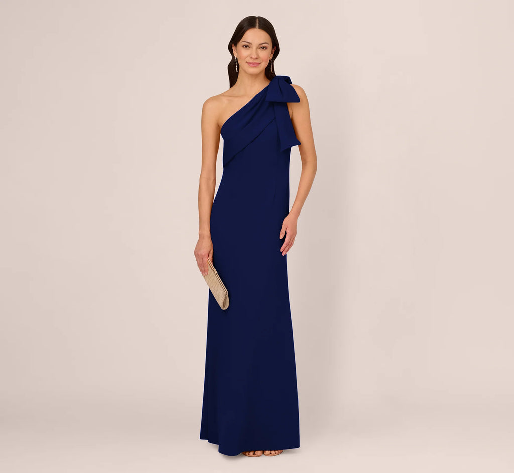 Stretch Crepe One Shoulder Mermaid Gown With Bow Accent In Navy Sateen