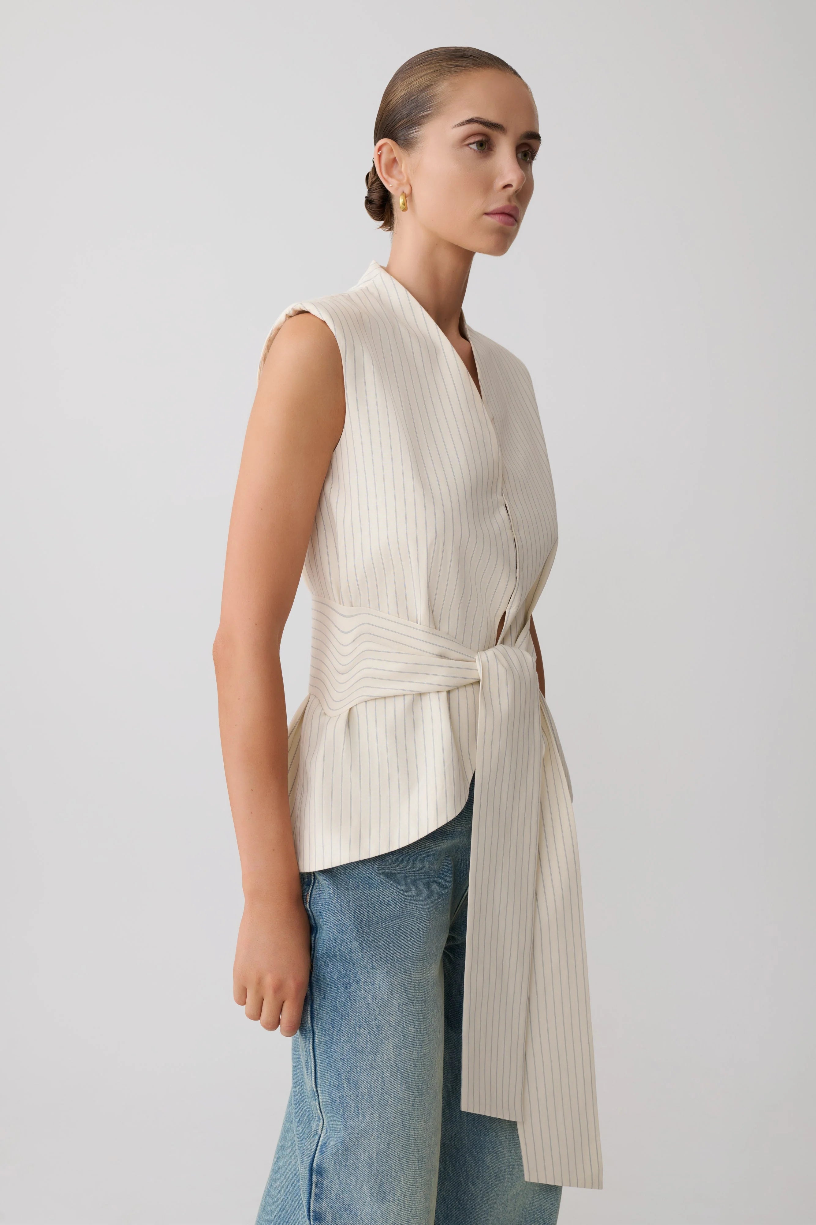 Alina Waist Tie Sleeveless Top - Stripe