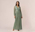 Metallic Crinkled Mesh Draped Long Gown In Green Slate