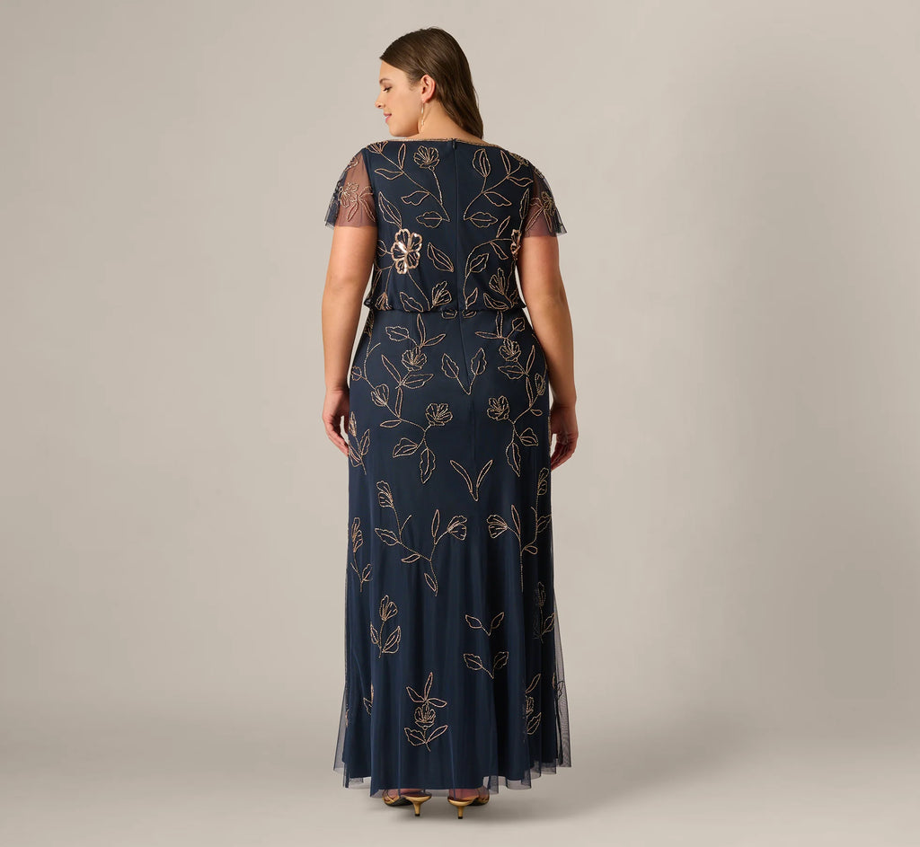 Plus Size Flutter Sleeve Floral Beaded Blouson Gown In Navy Rosegold